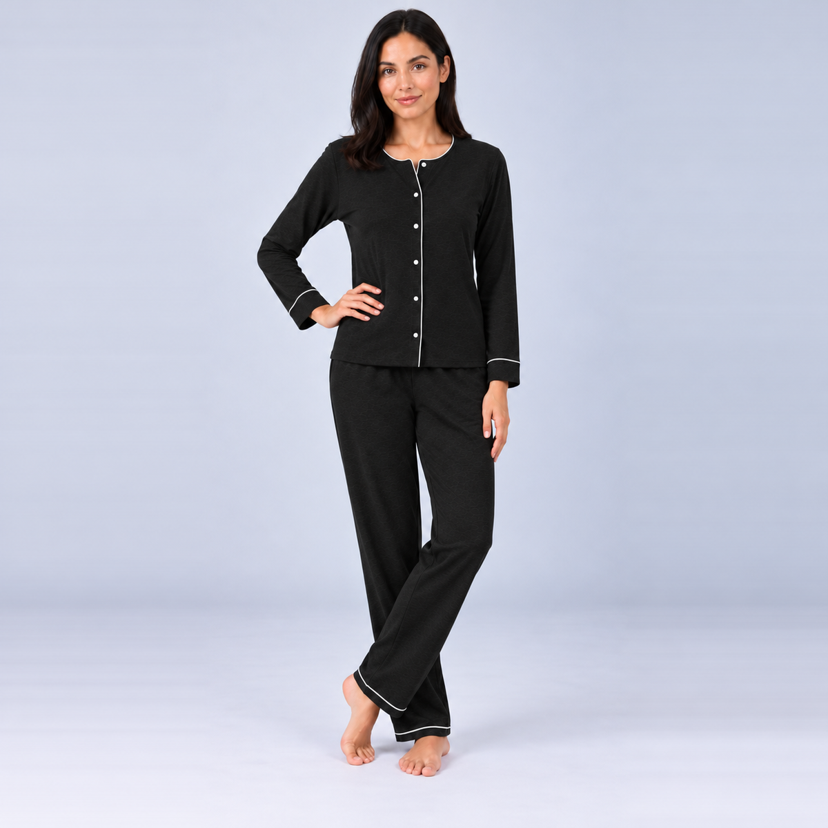 Ensemble pyjama femme en jersey de bambou extensible, chemise à manches longues et pantalon