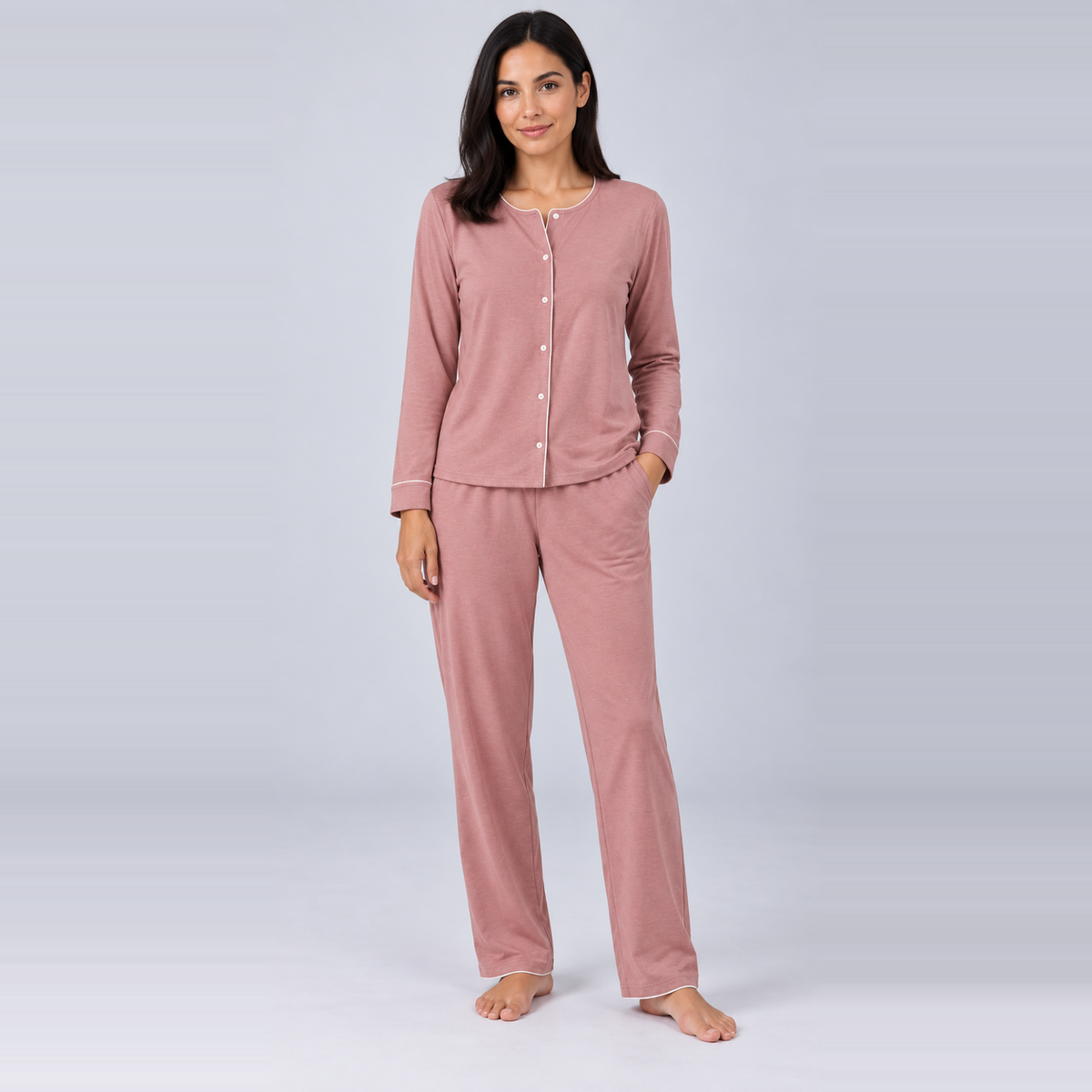 Ensemble pyjama femme en jersey de bambou extensible, chemise à manches longues et pantalon